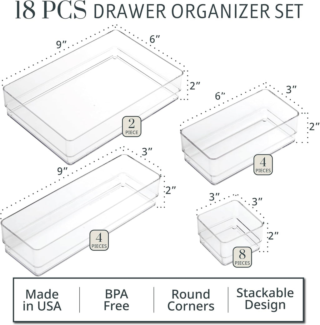 STORi SimpleSort 18-Piece Stackable Clear Drawer Organizer Set | Multi-size Trays | Makeup Vanity Storage Bins and Office Desk Drawer Dividers | Made in USA