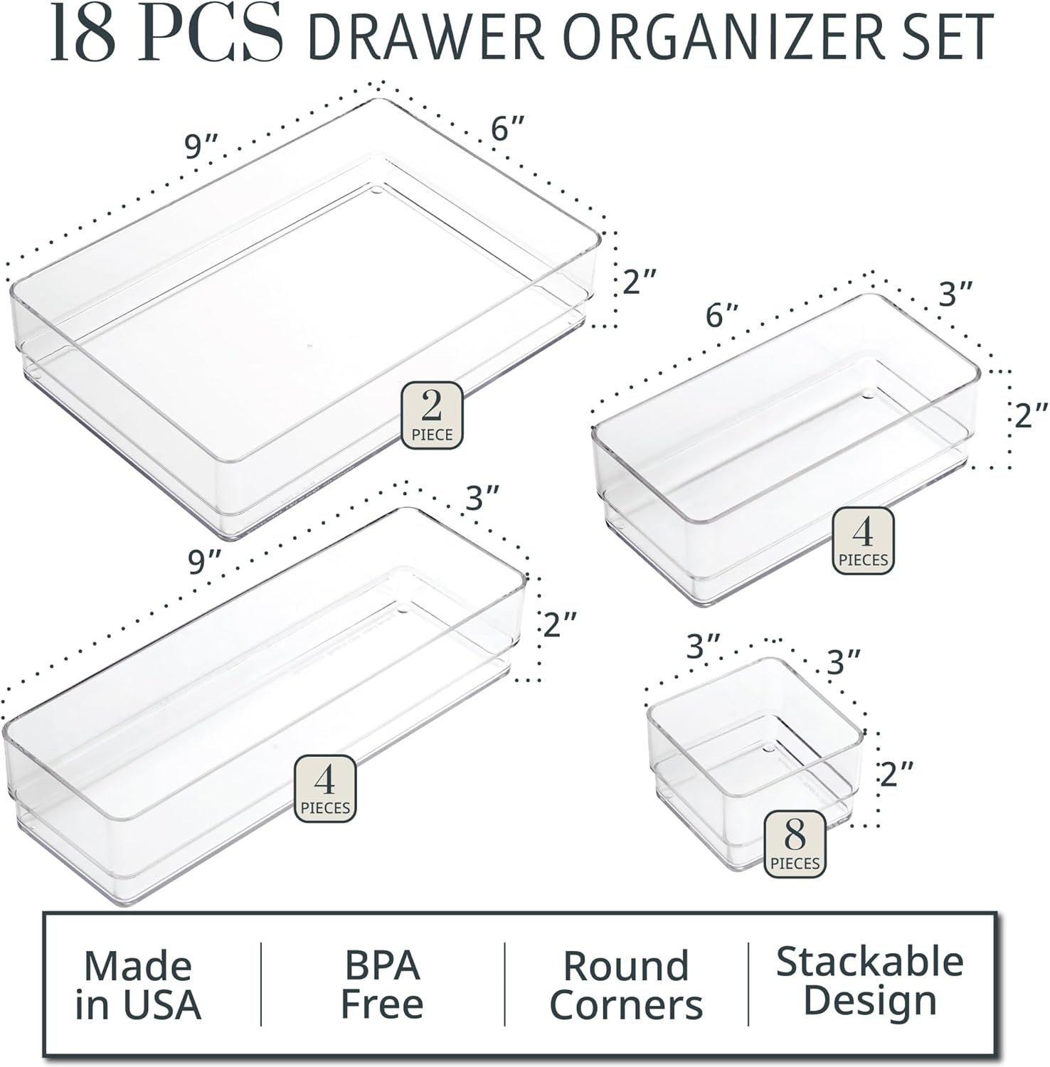 STORi SimpleSort 18-Piece Stackable Clear Drawer Organizer Set | Multi-size Trays | Makeup Vanity Storage Bins and Office Desk Drawer Dividers | Made in USA