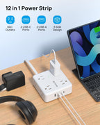 TROND 5ft Flat Extension Cord with 2 USB C, Ultra Thin Flat Plug Power Strip, 8 Widely Outlets and 4 USB Ports, 1700J Surge Protector, Extension Cord for Office, Travel, Home, White