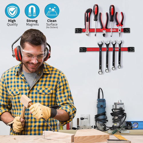 4 Pieces 12" Magnetic Tool Holder Strip, Red Magnet Bar, Metal Tool Organizer Rack for Garage Organization, Easy To Install in Workshop, Mounting Screws Included