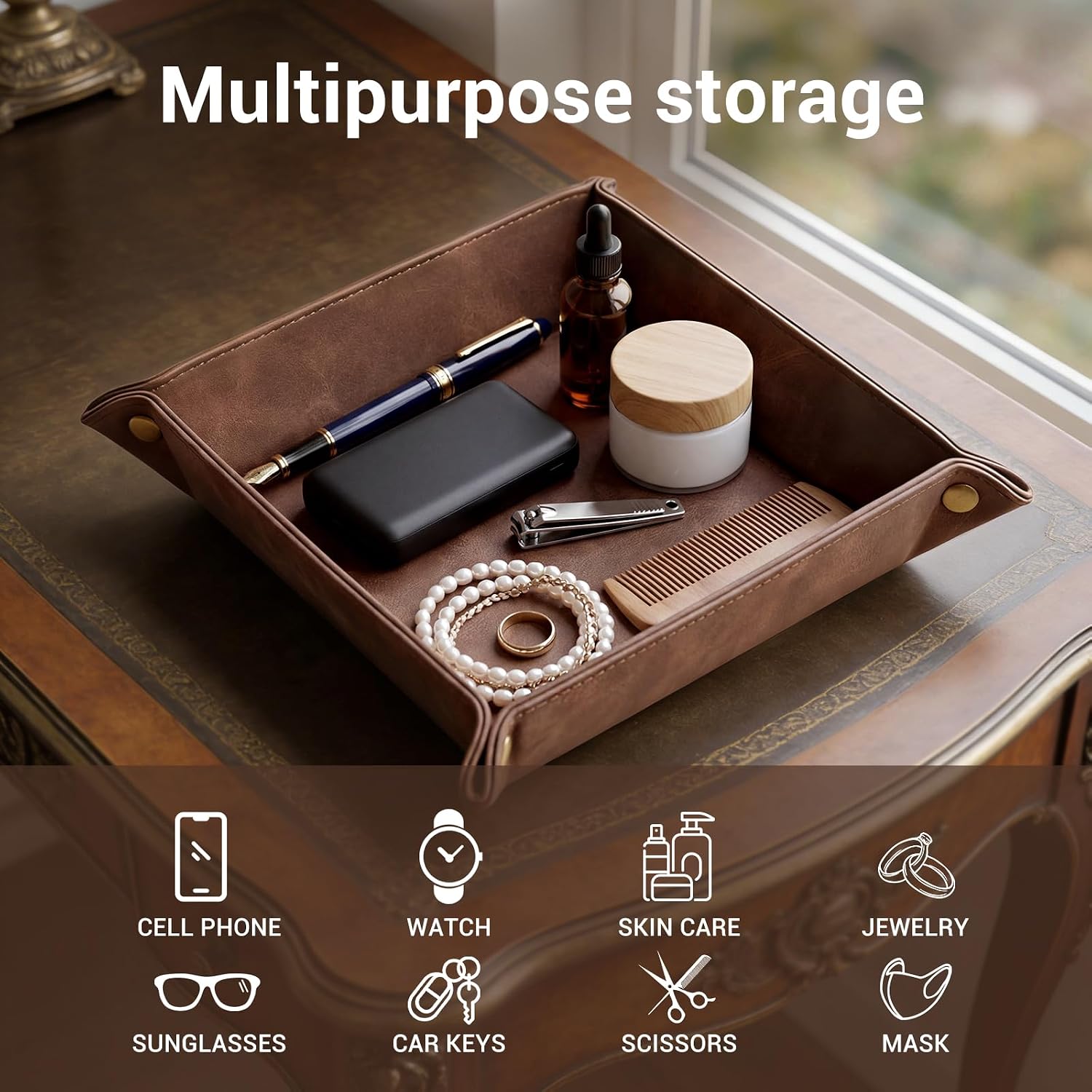CoBak Leather Valet Tray, Premium PU Leather Catch-All Tray for Entryway Table Key, Phone, Wallet, Coins & Jewelry, Bedside Nightstand Desk-top Catchall (Brown)