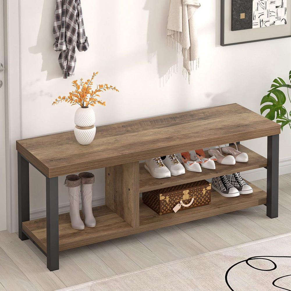 FOLUBAN Shoe Bench for Entryway, Wood and Metal Indoor Bench with Shoe Storag...