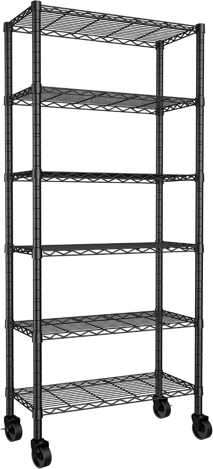 REGILLER 6-Wire Shelving Metal Storage Rack Adjustable Shelves,Standing Storage Shelf Units for Laundry Bathroom Kitchen Pantry Closet(Black,14.1" D x 30" W x 80" H,With Wheels)