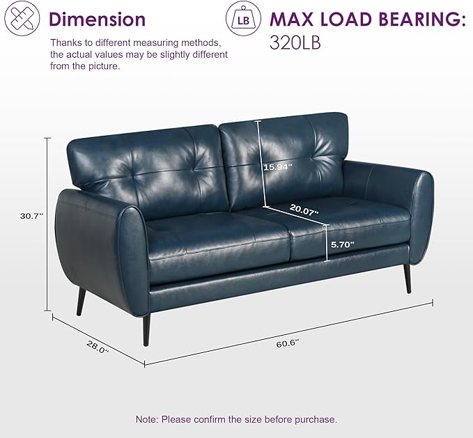 TYBOATLE Sofa Couch 61" Small Loveseat Couches for Living Room Leather Couch Mid Century Modern Tufted Mini Sofa Comfy Office 2 Seat Settee Love Seat Small Couches for Spaces Bedroom (2, Blue)