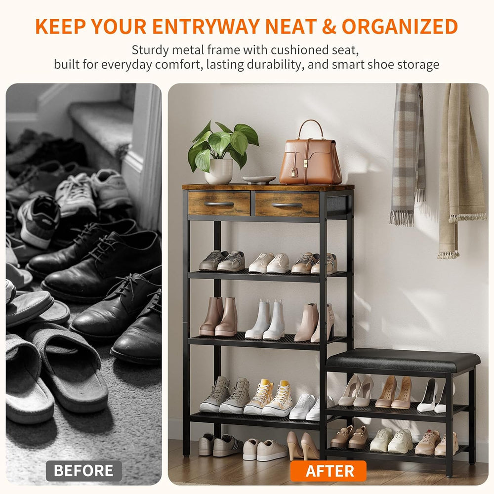 HavenlyYouth Shoe Rack Bench Cushioned with 2 Drawers & 5-Tier Entryway O...