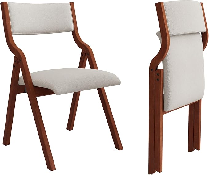 Ball & Cast Upholstered Folding Dining Chairs Set of 2, Foldable Wooden Chair 2-Pack, Portable Office Meeting-Chair for Kitchen Outdoor Activity, Easy Carry & Storage, Cherry+Cream