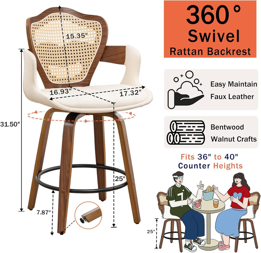 Mid-Century Modern Swivel Counter Stools with Supportive Rattan Back & Ar...