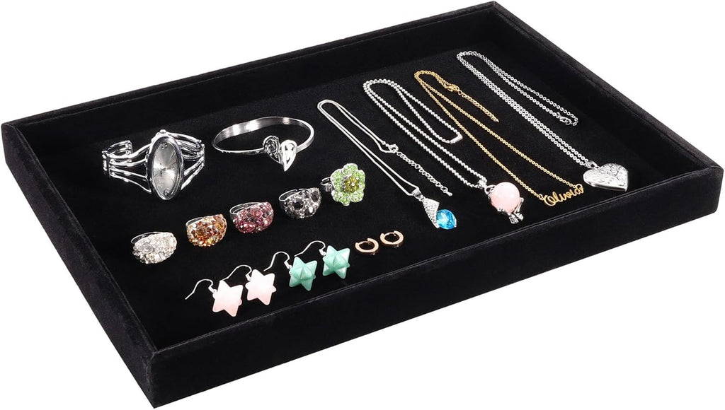 Mornajina 13.8" x 9.5" Velvet Jewelry Tray Jewelry Display Tray, Stackable Empty Plate Trays for Earrings Necklaces Bracelet Rings Display Showcase - Black