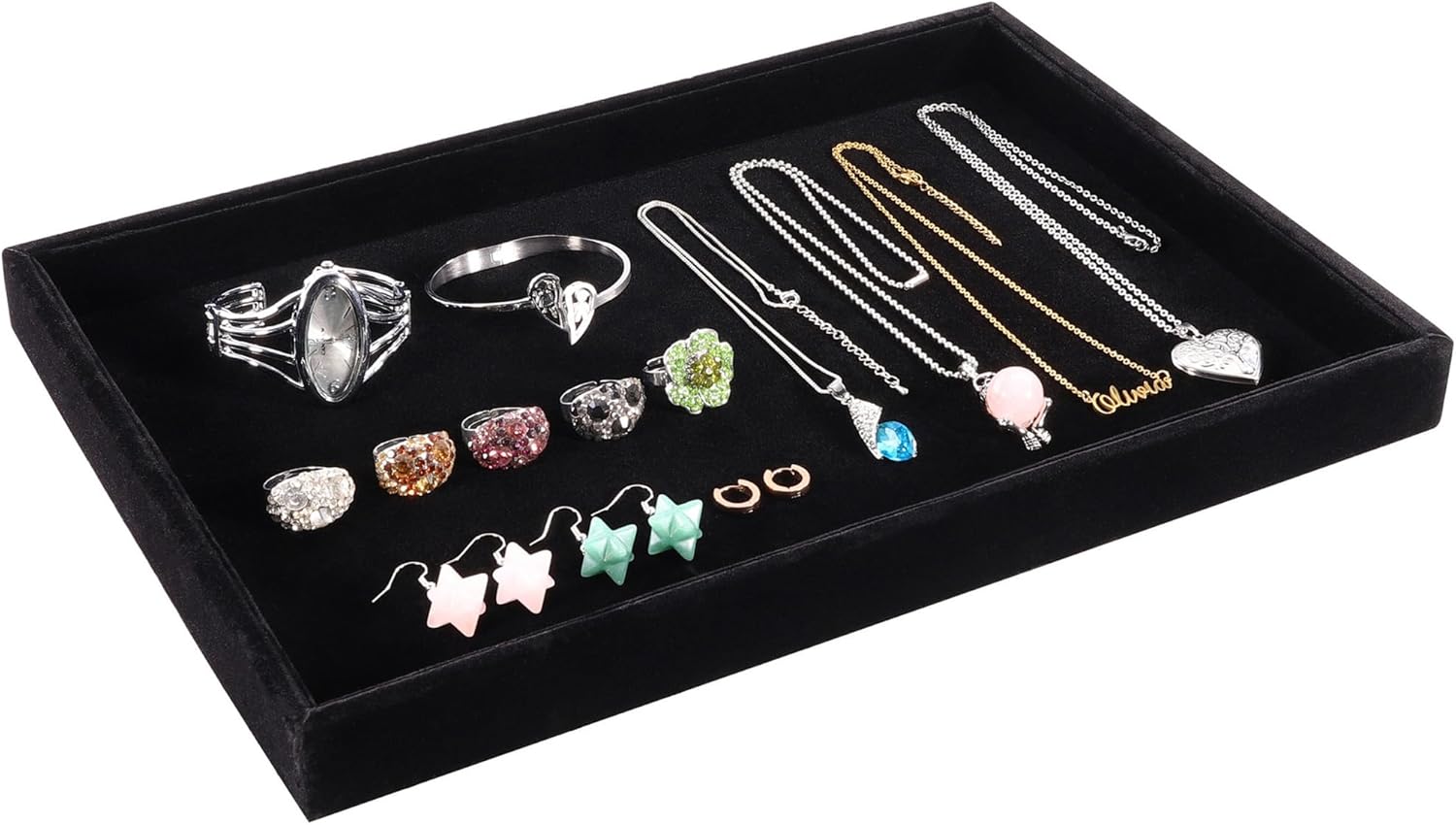 Mornajina 13.8" x 9.5" Velvet Jewelry Tray Jewelry Display Tray, Stackable Empty Plate Trays for Earrings Necklaces Bracelet Rings Display Showcase - Black