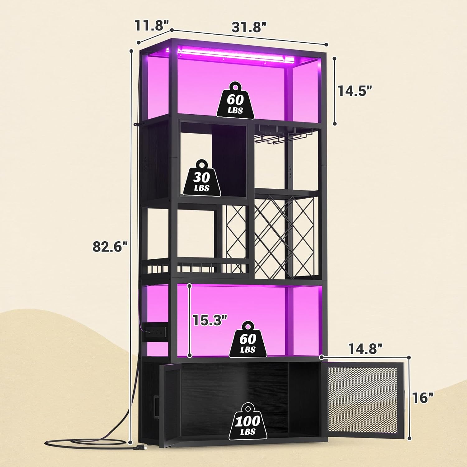 82.6" Tall Bar Cabinet with Power Outlets, 6-Tiers Reversible Wine Cabinet with LED Lights, Glass Holder & Wine Rack, Liquor Storage Cabinet Coffee Bar Unit Station for Dining Living Room, Black