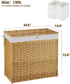 Greenstell Laundry Hamper with Wheels&Lid, 130L Large 3 Sections Clothes Hamper with 2 Types Removable Liner Bags, 5 Mesh Laundry Bags, Handwoven Divided Laundry Basket for Clothes, Natural