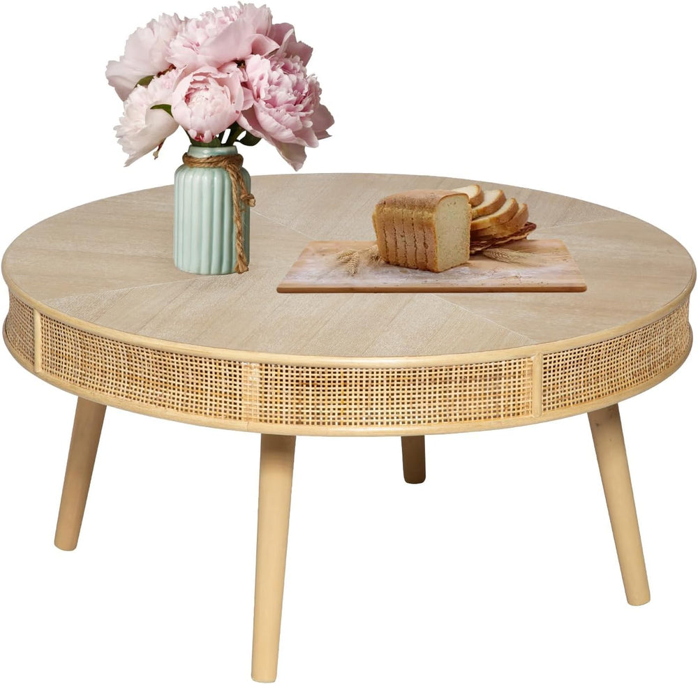 RUSTOWN 2-Piece Farmhouse Coffee Table, Modern Round Rattan Side Tables | Rus...