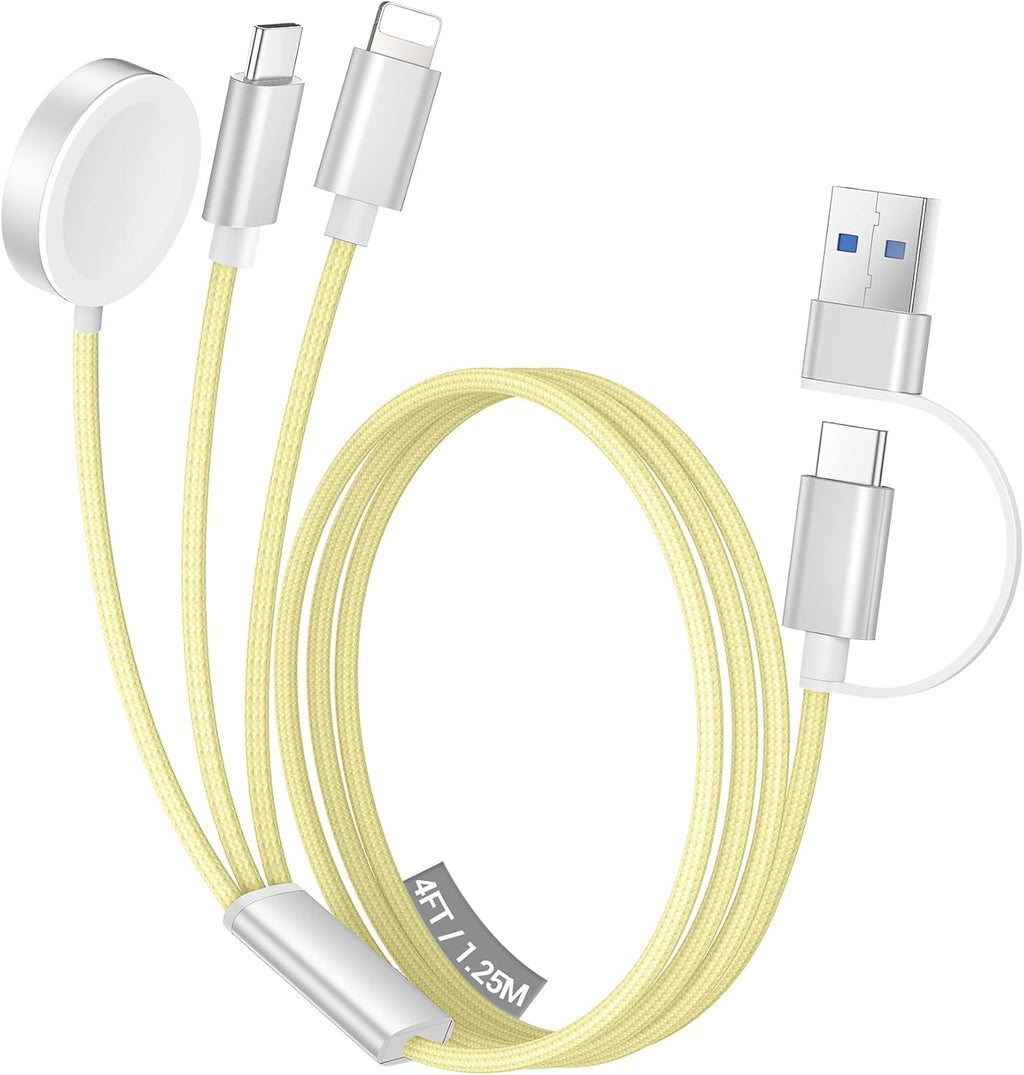 Temdan for Travel Vacation Essentials,3 in 2 USB C Cable for Apple Watch Charger/iPhone 17 Charger/Lightning,Multi Charging Cable Cord,Camping Essentials,Designed for iWatch &iPhone 16-12-4FT Yellow
