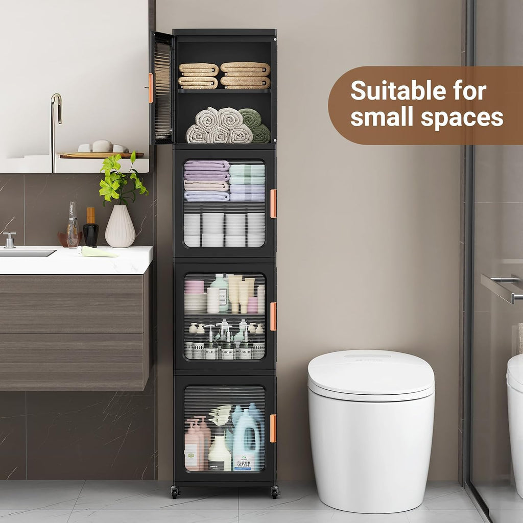 BROVIEW 4-Tier Tall Narrow Storage Cabinet 14.6” Wide, Slim Bathroom Cabinets with Adjustable Shelves and Doors, Plastic Kitchen Pantry Organizers and Storages for Small Space, Laundry, Black