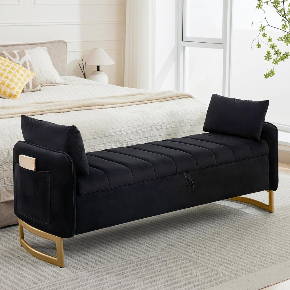66" End of Bed Storage Bench King Size, Storage Benches for Bedroom, Bla...