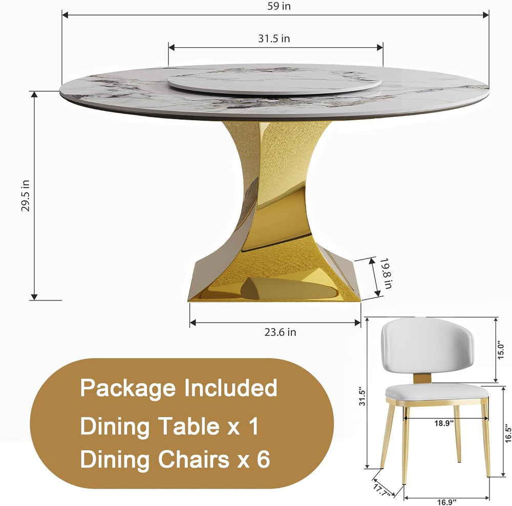 7-Piece Round Dining Table Set, Sintered Stone Faux Marble Dining Table with ...
