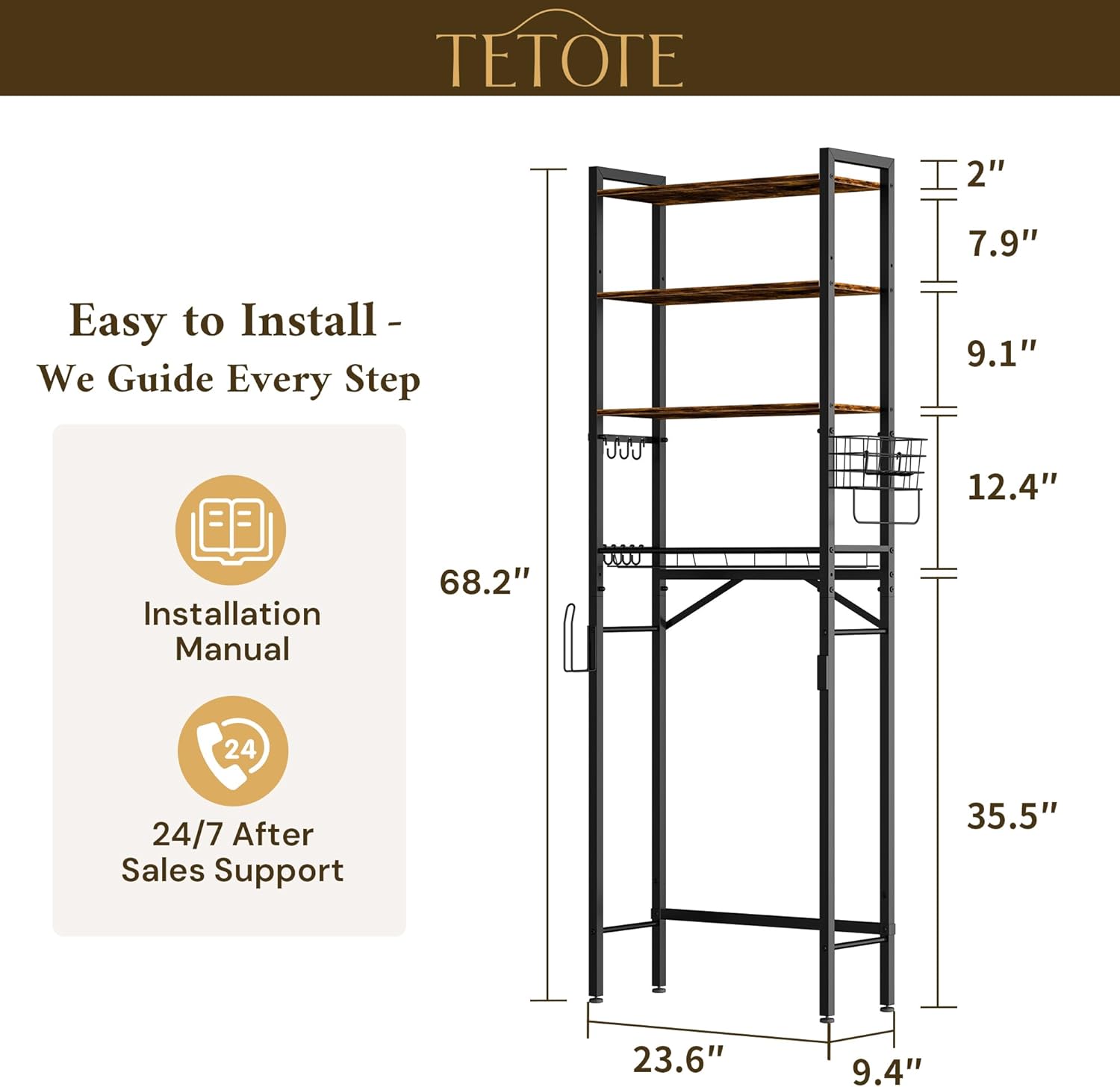 TETOTE Over Toilet Bathroom Organizer, 4-Tier Bathroom Over The Toilet Storage with Adjustable Shelf and Basket, Freestanding Space Saver Bathroom Shelves Above Toilet for Room(Brown)