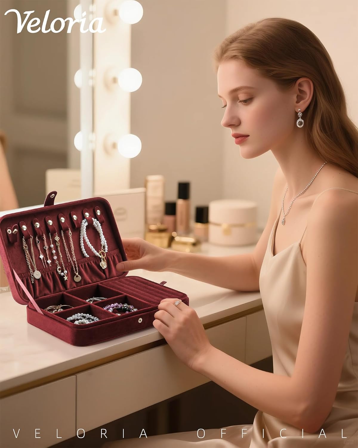 VELORIA Jewelry Box, Premium Velvet Travel Jewelry Organizers And Storage, Dust-Proof, Scratch-Resistant Jewelry Case for Necklaces Bracelets Bangle, Portable Luxury Gift for Women & Girls (Dark Red)