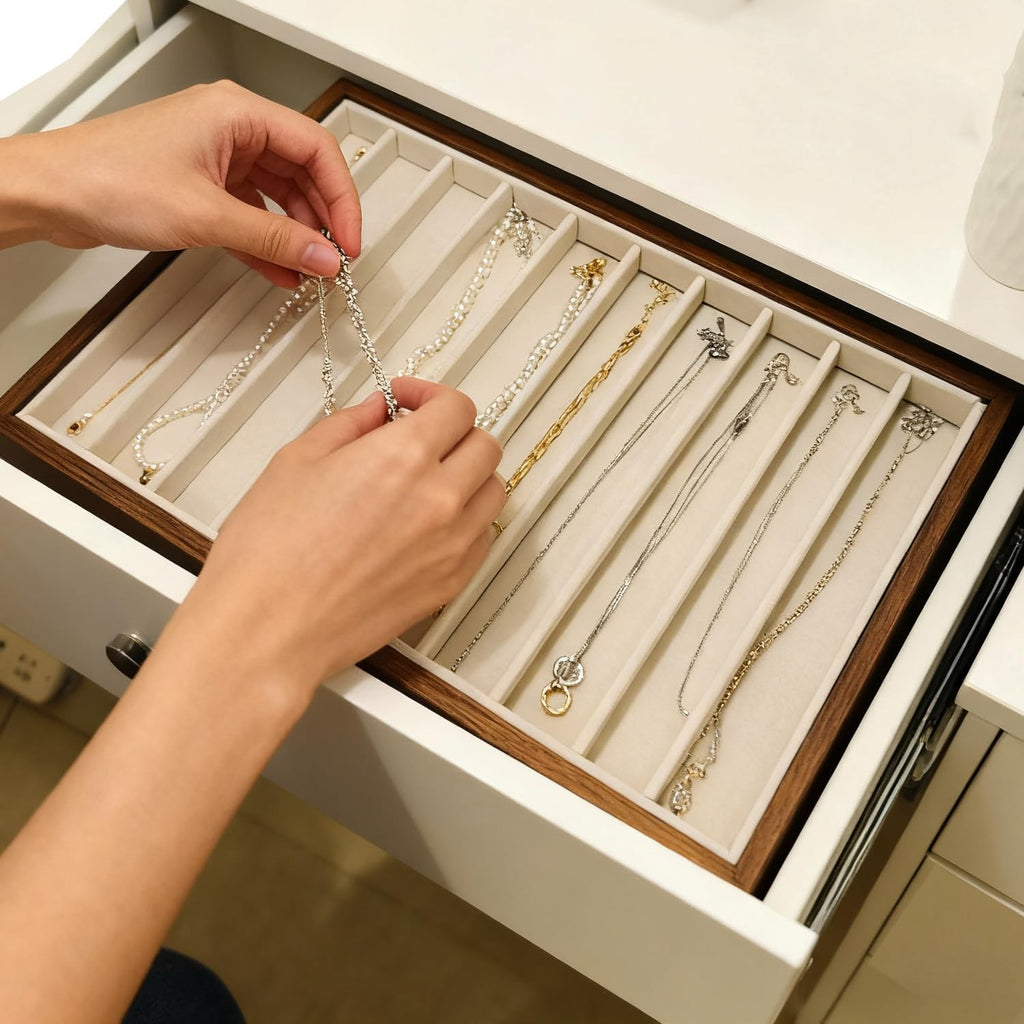 Large Jewelry Trays for Drawers Stackable Velvet Jewelry Display for Vendors Jewelry Drawer Organizer Inserts for Rings Necklace Bracelets Earrings and Studs Earrings (Beige, 10 Grid)