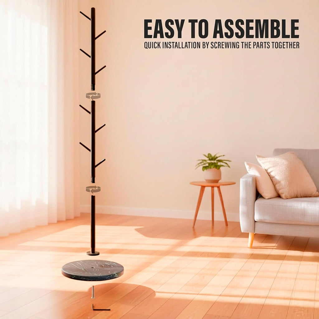 Coat Rack with Real Marble Base, Freestanding Metal Clothing Rack with 8 Hooks, Modern Hall Tree for Entryway, Bedroom & Office, Space Saving Coat Hanger Stand for Small Spaces (Black)
