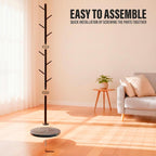 Coat Rack with Real Marble Base, Freestanding Metal Clothing Rack with 8 Hooks, Modern Hall Tree for Entryway, Bedroom & Office, Space Saving Coat Hanger Stand for Small Spaces (Black)