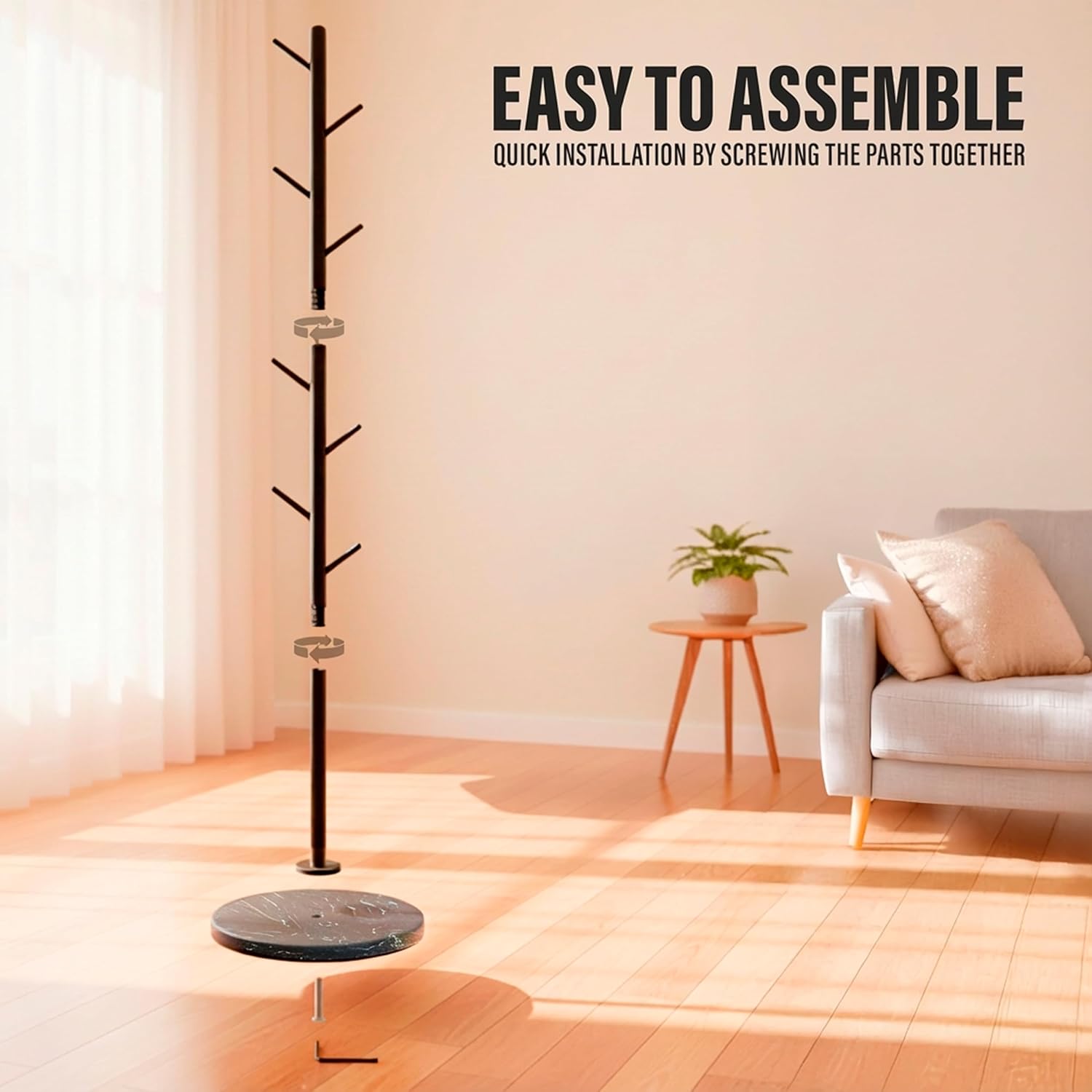 Coat Rack with Real Marble Base, Freestanding Metal Clothing Rack with 8 Hooks, Modern Hall Tree for Entryway, Bedroom & Office, Space Saving Coat Hanger Stand for Small Spaces (Black)