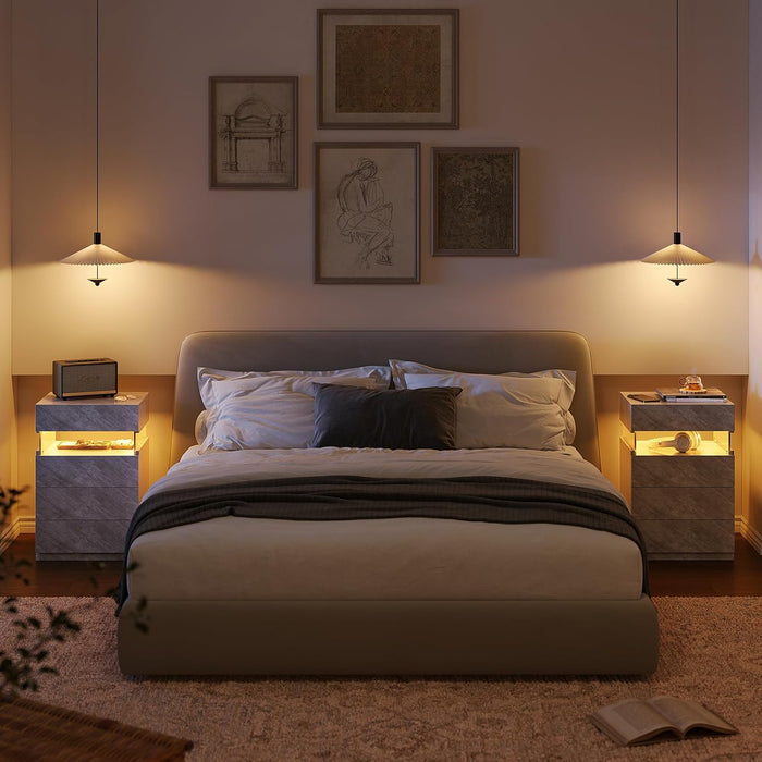 Bingoday Gray LED Night Stand Set 2 with 4 Drawers Modern Bedside Table | Nightstands with App-Controlled Adjustable LED Lights, Night Stand with Storage Shelf ,Modern Bedside Table for Bedroom
