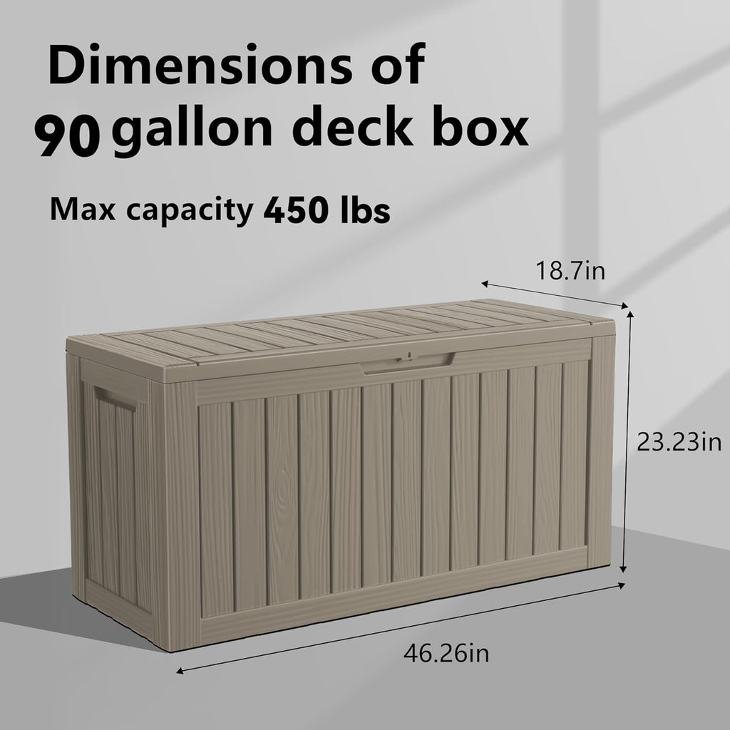 90 Gallon Resin Deck Box, Lockable Patio Outdoor Storage Box for Furniture, Garden Tools and Tools Storage, Waterproof Outside Storage Boxes - Grey