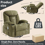 Oversized Massage Swivel Rocker Recliner Nursery Rocking Glider Chair Green | Fabric Manual Recliner with Heat Massage, Overstuffed, Cup Holders, USB Charging Port, Nursery Glider Chair