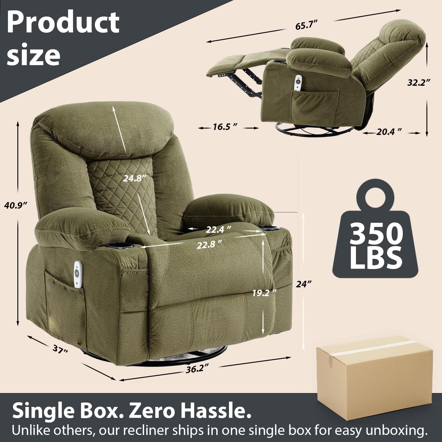 Oversized Massage Swivel Rocker Recliner Nursery Rocking Glider Chair Green | Fabric Manual Recliner with Heat Massage, Overstuffed, Cup Holders, USB Charging Port, Nursery Glider Chair