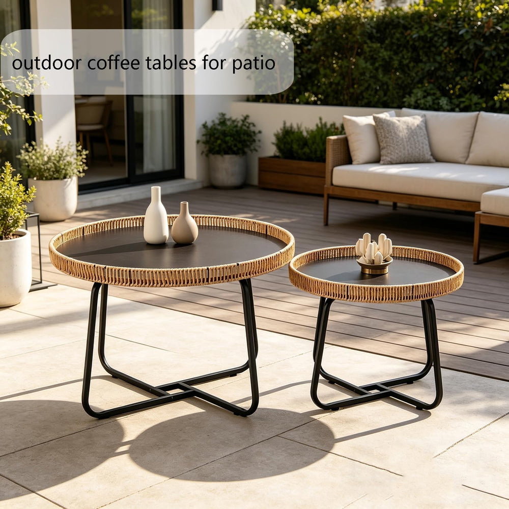 Round Woven Nesting Table, Wicker Coffee Table and Side Table Set of 2 | Meta...
