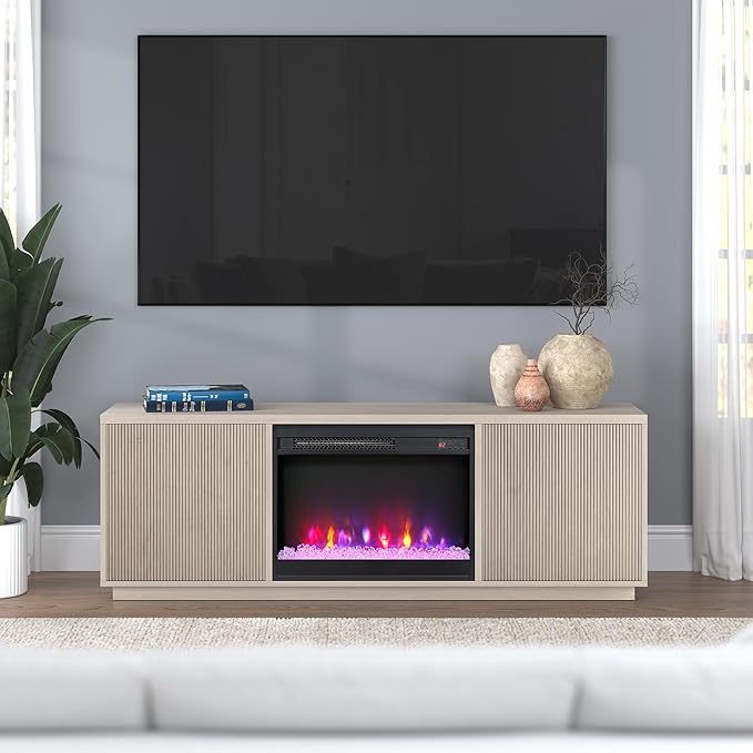 Henn&Hart Fluted TV Stand for TVs up to 75" with 26" Electric Crystal Rocks Fireplace and Ribbed Side Storage Cabinets for Living Room, Family Room, or Office, Beech White