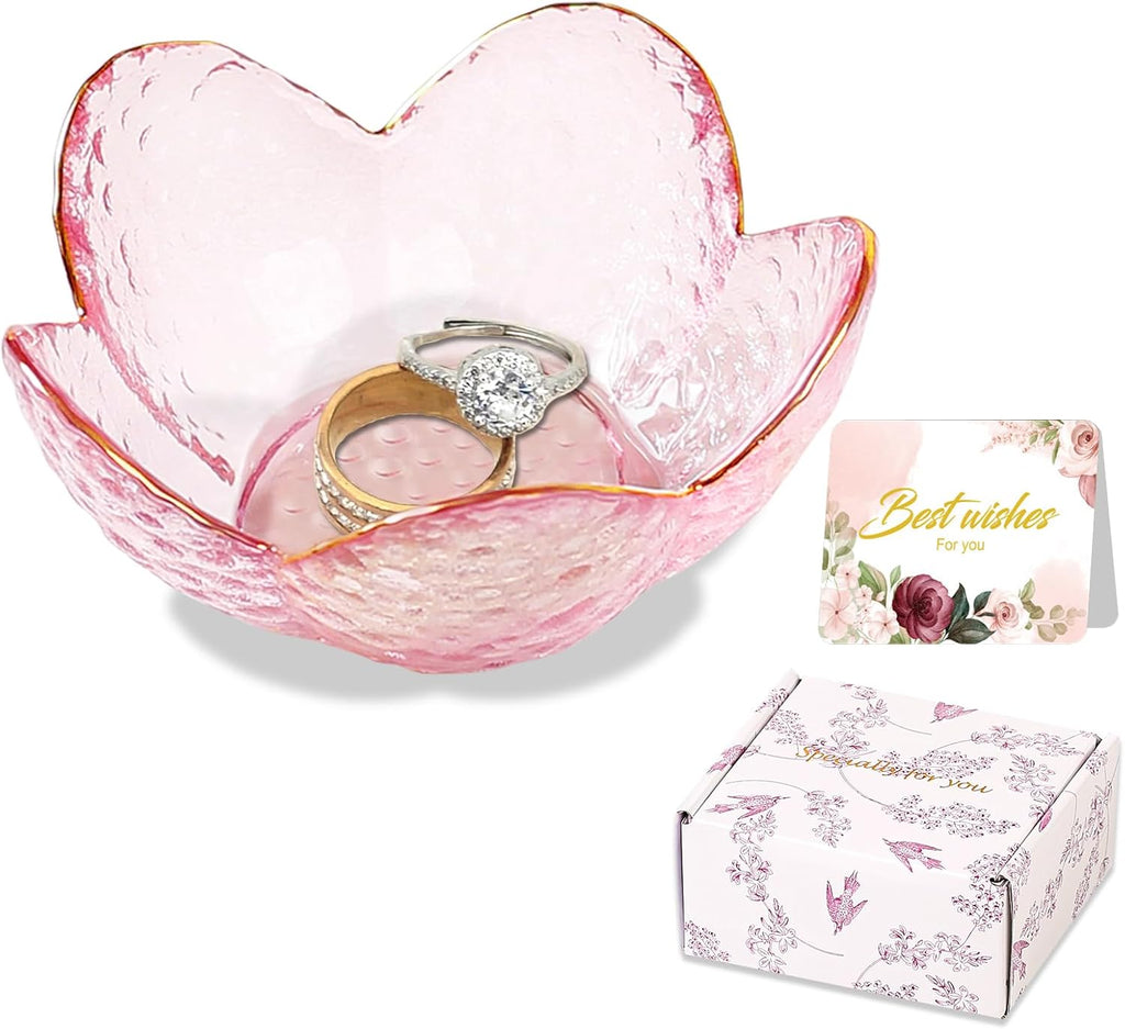 Gifts for Women Pink Flower Ring Dish Glass Jewelry Dish Jewelry Tray Cute Vanity Organizer Room Decor Aesthetic Nightstand Bathroom Decor Trinket Dish Ring Holder Dish Jewellery Tray Valentine's Gift