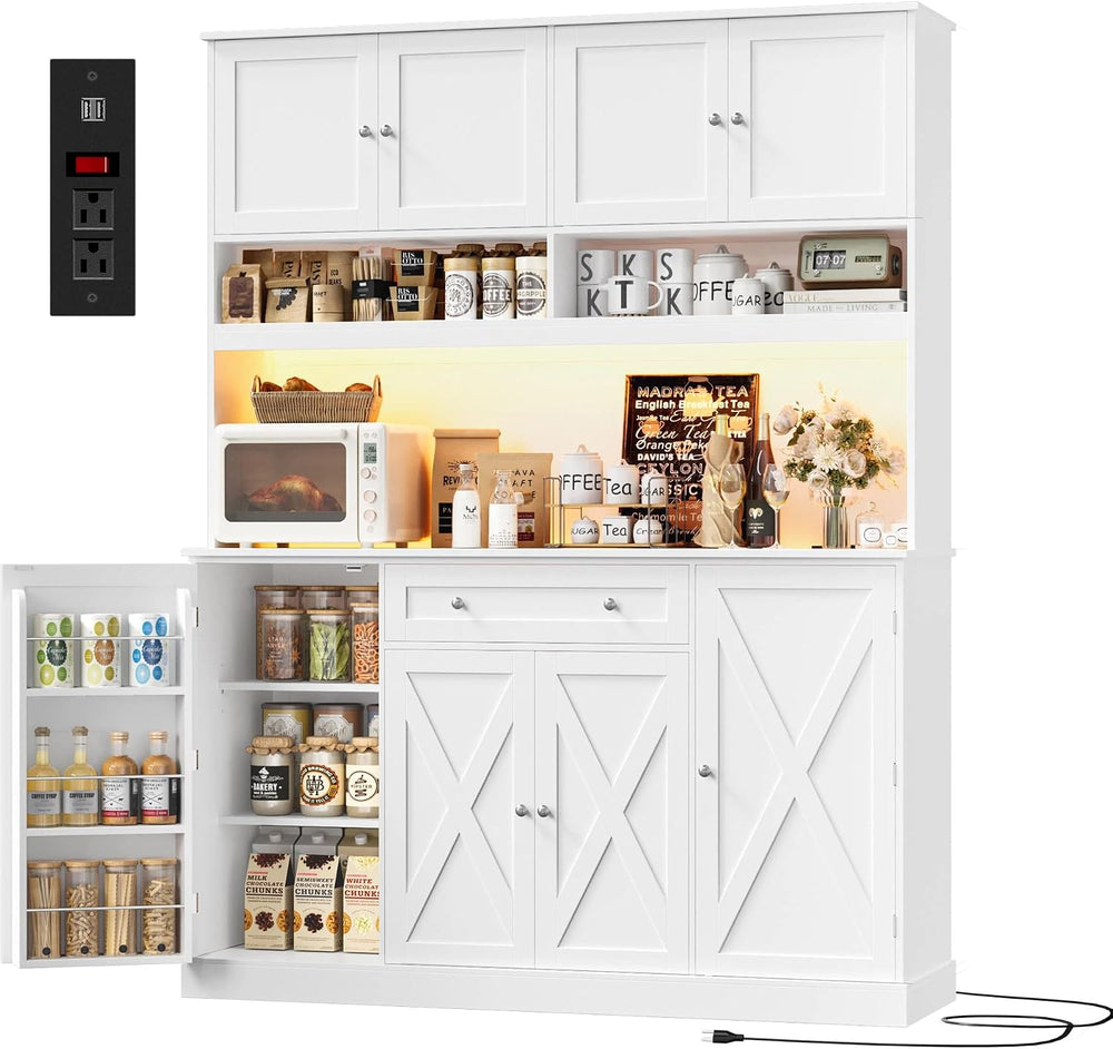 HIFIT 72.8”Hx55”W Pantry Cabinet with LED & Charging Station, Kitchen Hut...