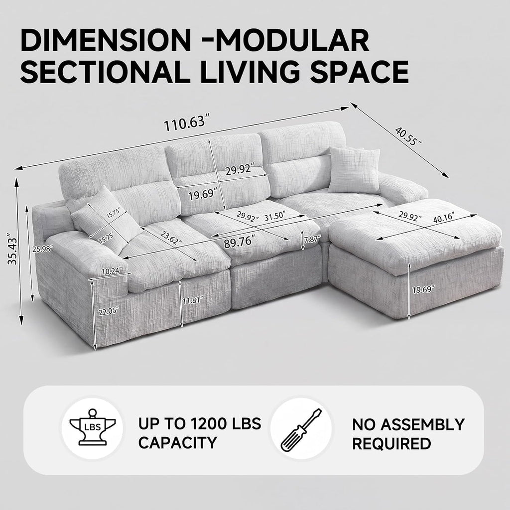 110" High Back Boneless Couch, L-Shaped Modular Sectional Sofa Bed | Sectional Couches for Living Room, Slub Chenille Fabric, No-Assembly, Light Gray
