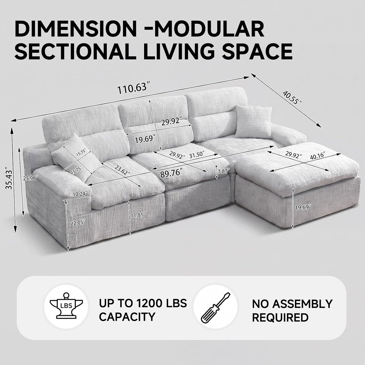 110" High Back Boneless Couch, L-Shaped Modular Sectional Sofa Bed | Sectional Couches for Living Room, Slub Chenille Fabric, No-Assembly, Light Gray