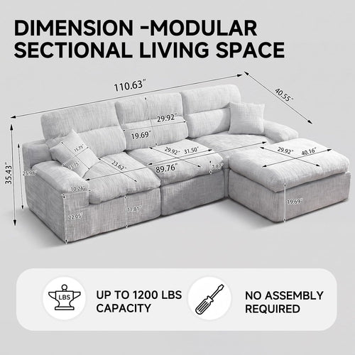 110" High Back Boneless Couch, L-Shaped Modular Sectional Sofa Bed | Sectional Couches for Living Room, Slub Chenille Fabric, No-Assembly, Light Gray