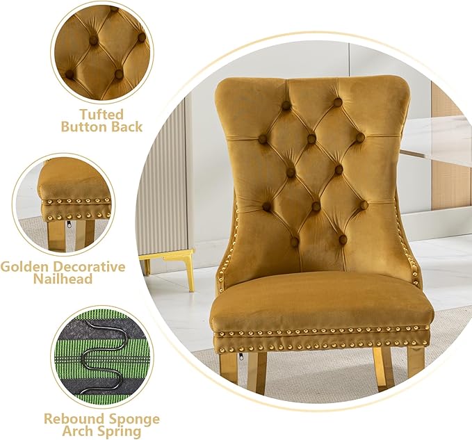 Gold Velvet Dining Chairs Set of 4, Kitchen & Dining Room Chairs, Tufted Upholstered Dining Room Chair, Back Ring Pull Trim, Golden Stainless Steel Legs, Gold