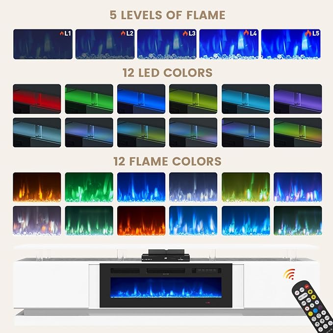 80" Fireplace TV Stand, Modern Entertainment Center for TVs Up to 90", TV Console with Storage Cabinets, Media Console for Living Room, White TV Stand and Black Fireplace