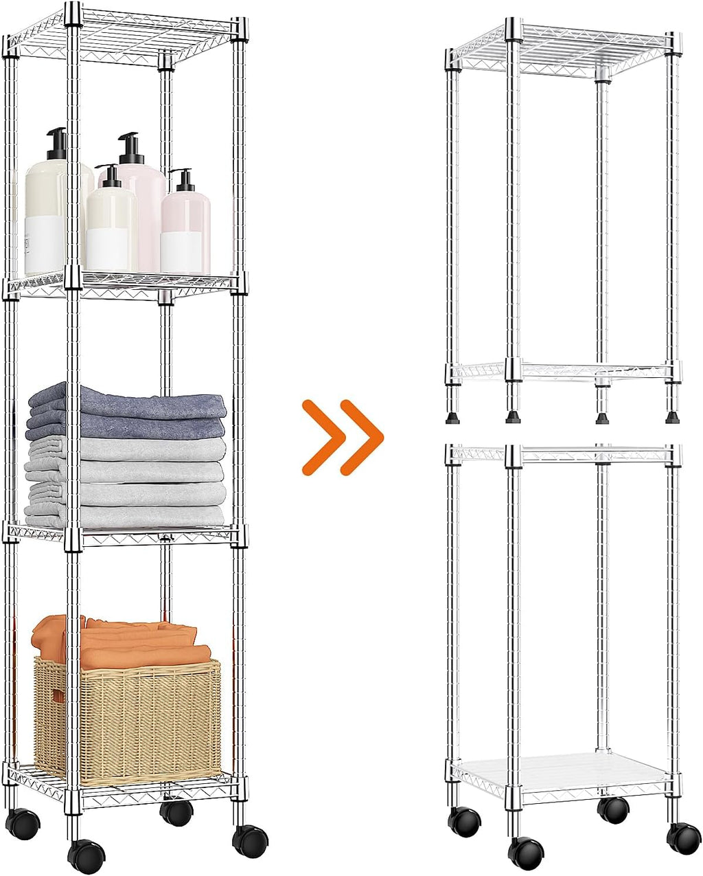 Storage Shelves Adjustable, 4 Tier Shelving Units for Storage with Wheels, Corrosion Resistant Wire Shelving Unit for Kitchen Closet Bathroom Office, Chrome 11.8" D x 11.8" W x 48.1" H