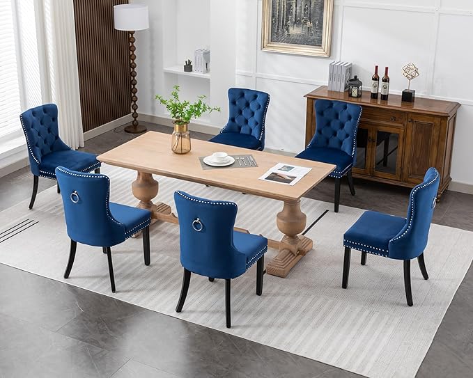 KCC Velvet Dining Chairs Set of 6, Upholstered High-end Tufted Dining Room Chair with Nailhead Back Ring Pull Trim Solid Wood Legs, Nikki Collection Modern Style for Kitchen, Blue