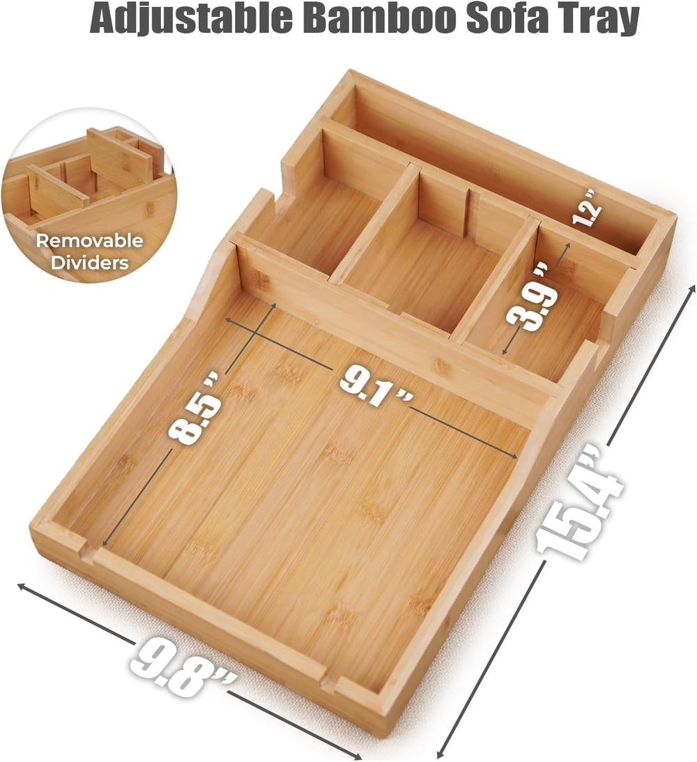 Couch Tray, 2-in-1 Insert & Flat Sofa Organizer Bamboo with Adjustable Cu...