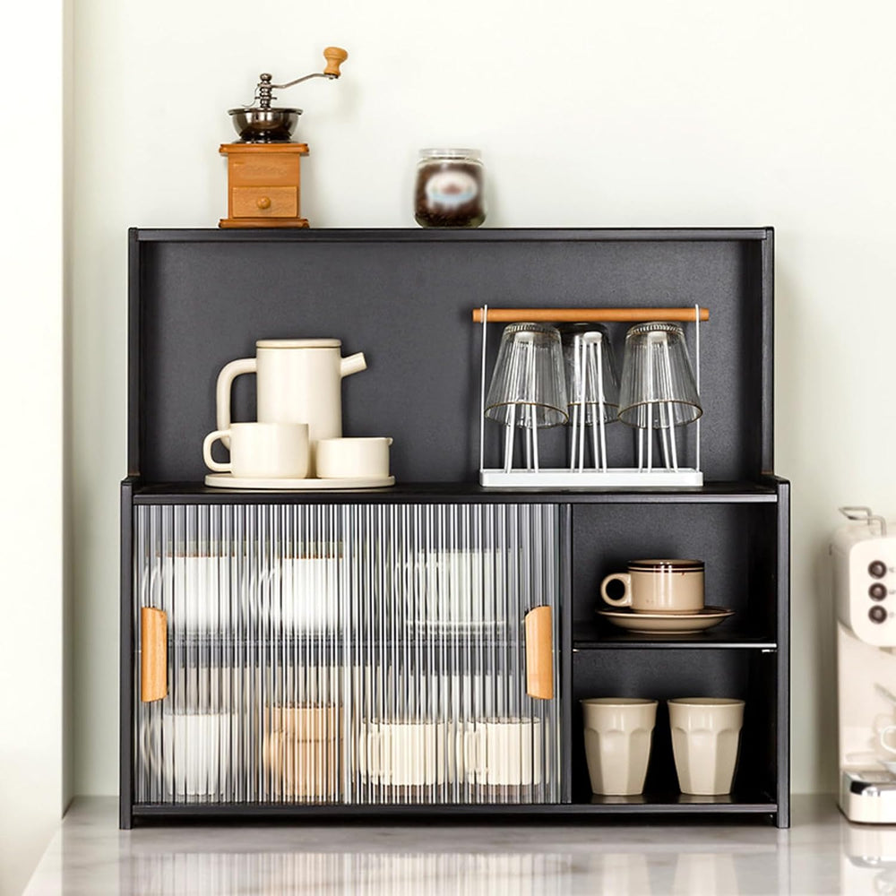 3-Tier Kitchen Pantry Sideboard Cabinet with Sliding Glass Doors, Storage Org...