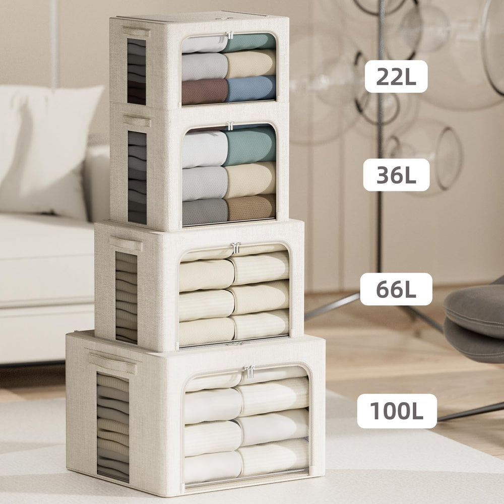 4 Pack Clothes Storage Bins with Metal Frame - 100L Stackable Storage Box wit...