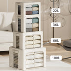 4 Pack Clothes Storage Bins with Metal Frame - 100L Stackable Storage Box with Lid，Foldable Storage Container Organizer for Clothes，Linen Fabric Storage Box with Clear Window＆Zippers＆Handles