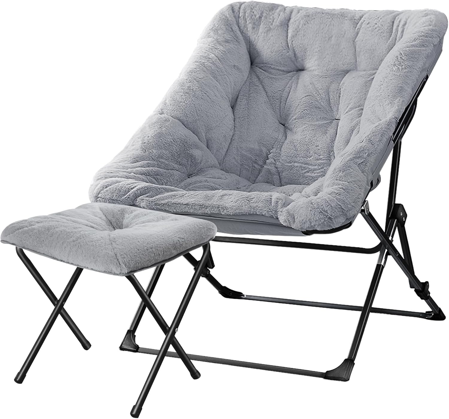Walsham Folding Comfy Chair with Ottoman, Faux Fur Soft Cozy Lounge Reading Papasan Chair with Footrest for Adults Kids Bedroom Living Room Dorms Small Space, Gray