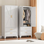 71" Tall Metal Wardrobe Cabinet with 2 Drawers and Hanging Rod, 2 Doors Armoire Wardrobe Closet with Shelf for Bedroom, Office, Laundry Room, White