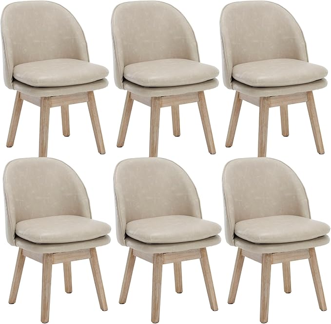 Upholstered Dining Chairs Set of 6, Modern Faux Leather Dining Room Chairs with Solid Wood Legs & Double-Padded Seat, Swivel Accent Desk Chair for Kitchen Dining Room Restaurant - Pebble Grey