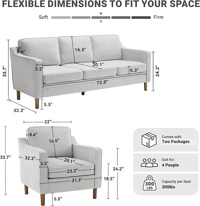 Kingfun Living Room Furniture Sets, 3 Seater Couch and Loveseat, Mid Century Modern Sofa Set, Chenille Couch with Solid Wood Frame for Living Room & Bedroom, Silver Gray