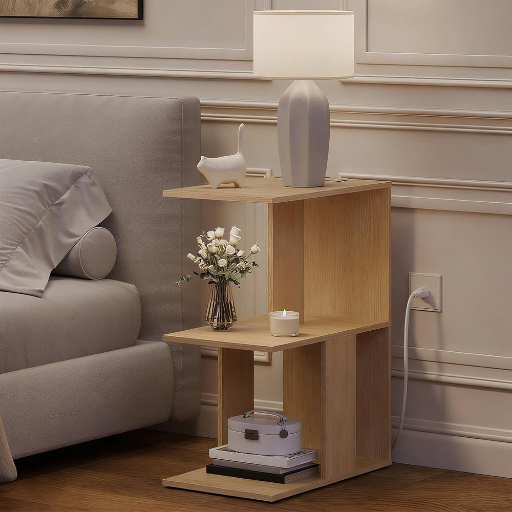 MAHANCRIS End Table with Charging Station, C-Shaped Narrow Side Table, Natura...